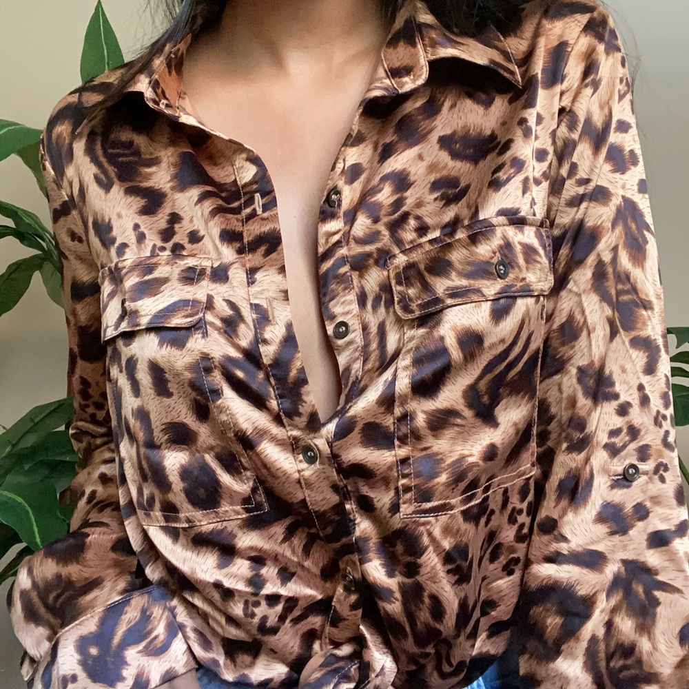 Silky leopard print button up top